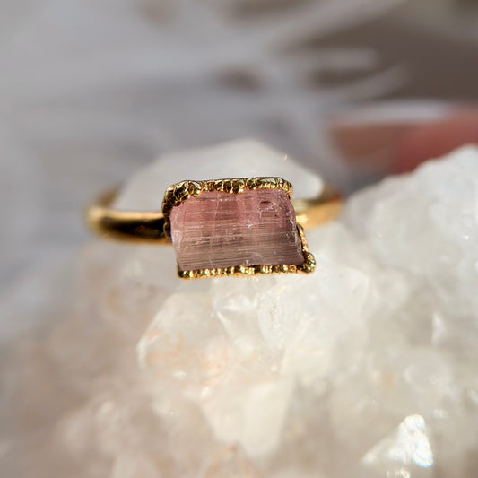 Watermelon Tourmaline 14k Gold Dipped Ring - Size 6.5
