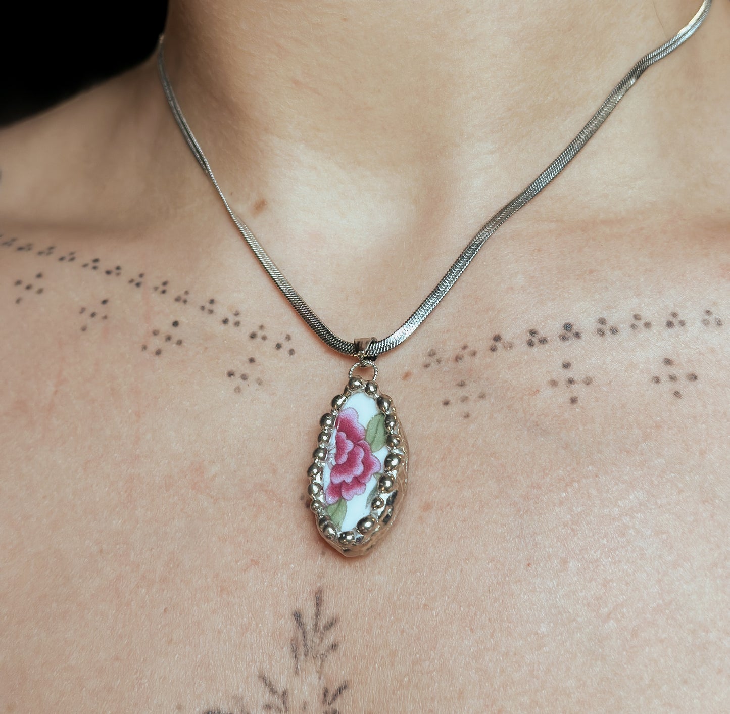 Pink Peony .1 Vintage China Necklace