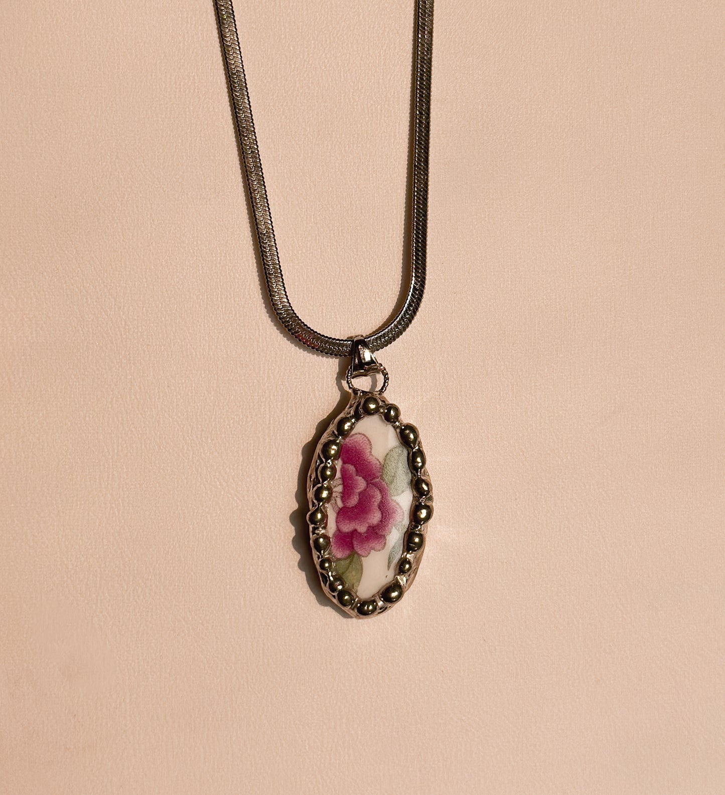 Pink Peony .1 Vintage China Necklace