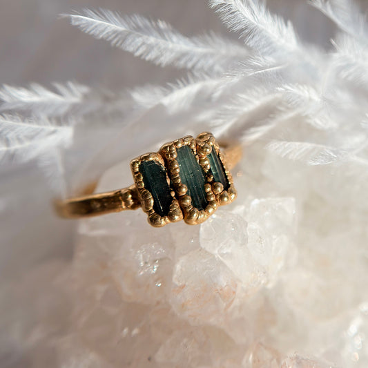 Triple Green Tourmaline 14k Gold Dipped Ring - Size 7.25