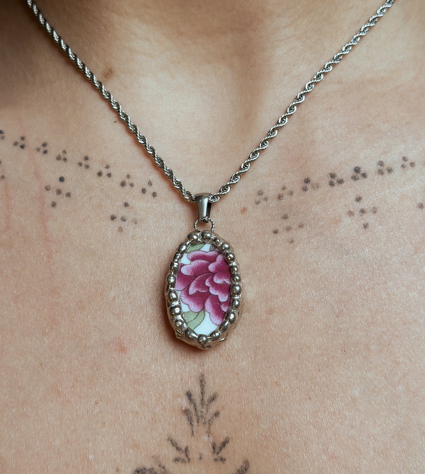 Pink Peony .2 Vintage China Necklace