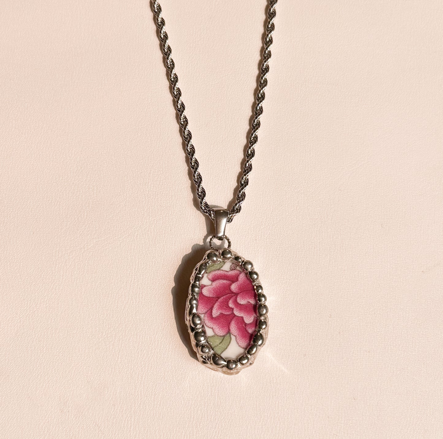Pink Peony .2 Vintage China Necklace