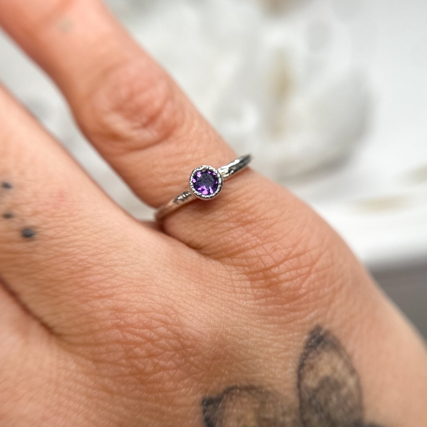 Amethyst Dainty Ring - Fine Silver  Size 5