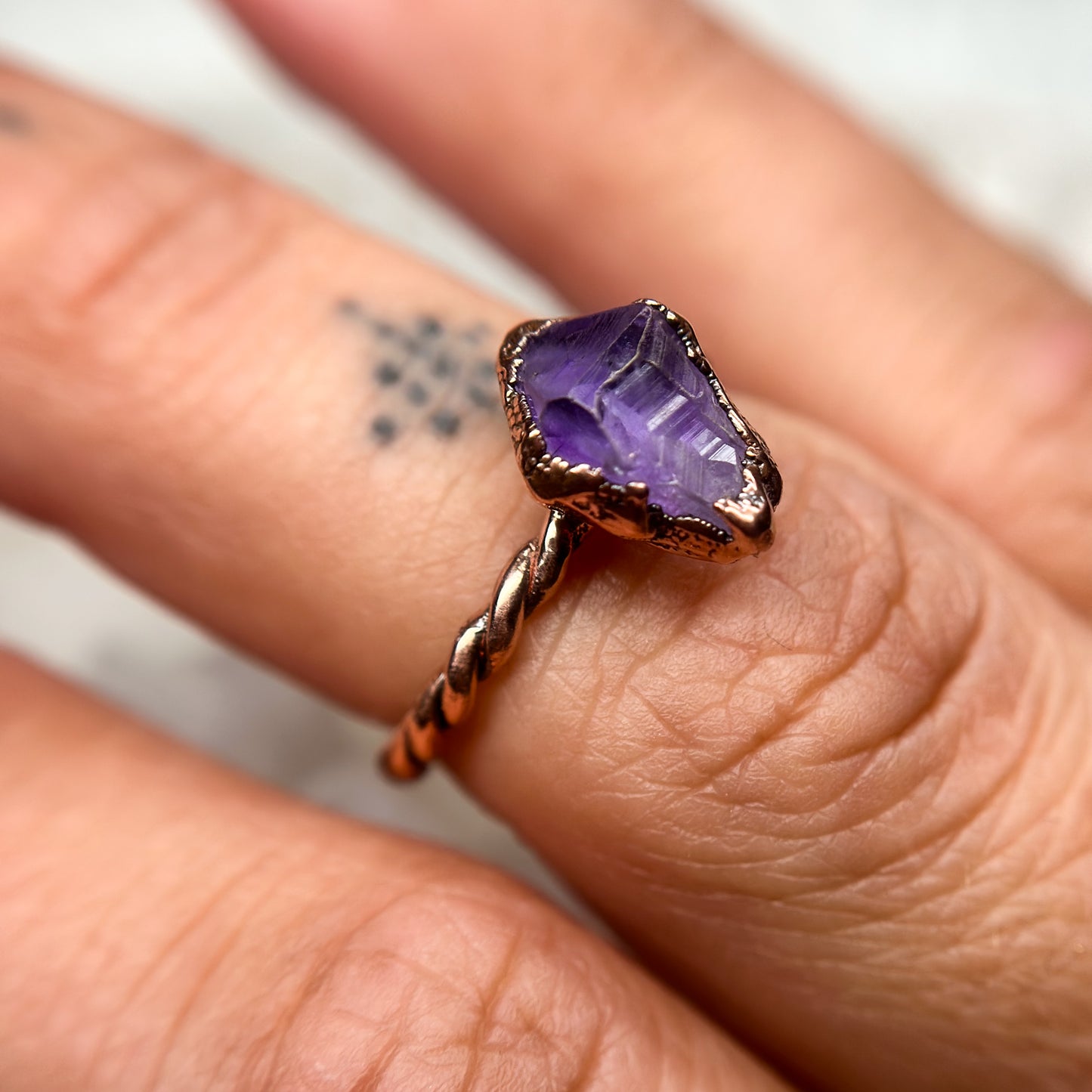 Amethyst Copper Ring - twisted band Size 5.75