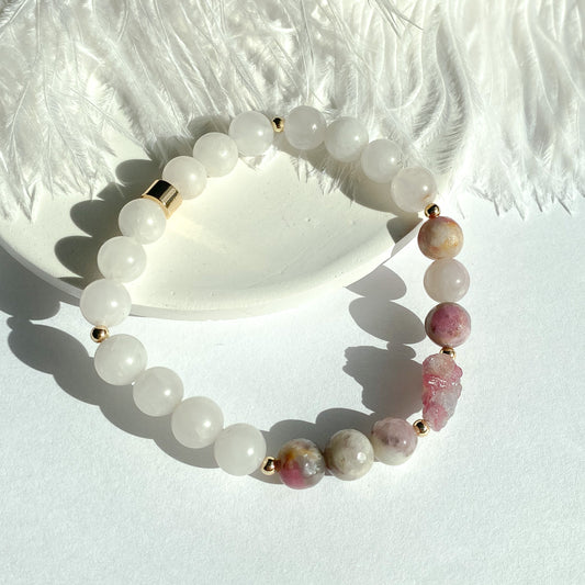 Gemmy Pink Tourmaline + Snow Quartz Gemstone 18k Bracelet