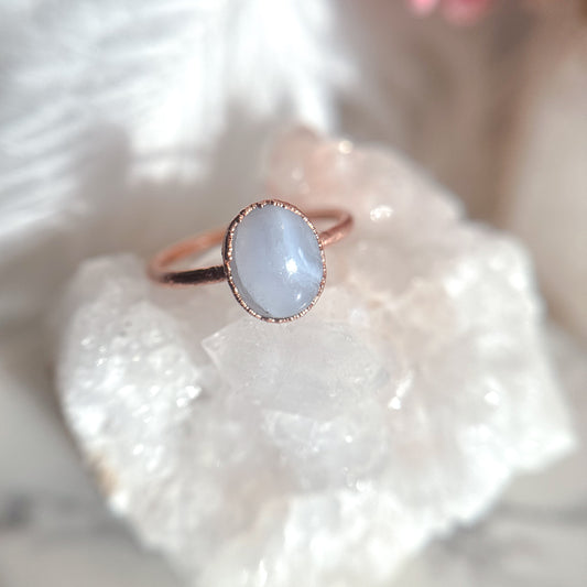 Blue Lace Agate Gemstone Copper Ring - Size 7.5