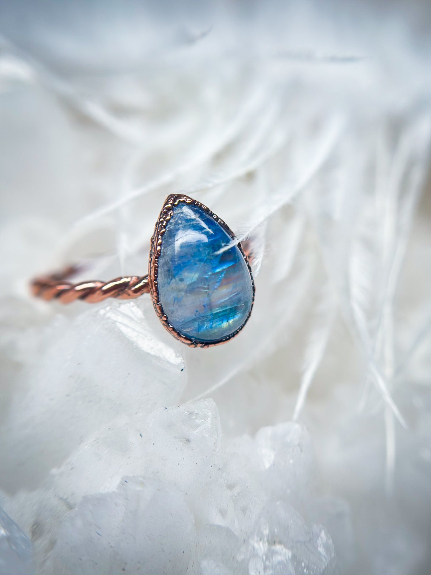 Moonstone Copper Ring - twisted band Size 8