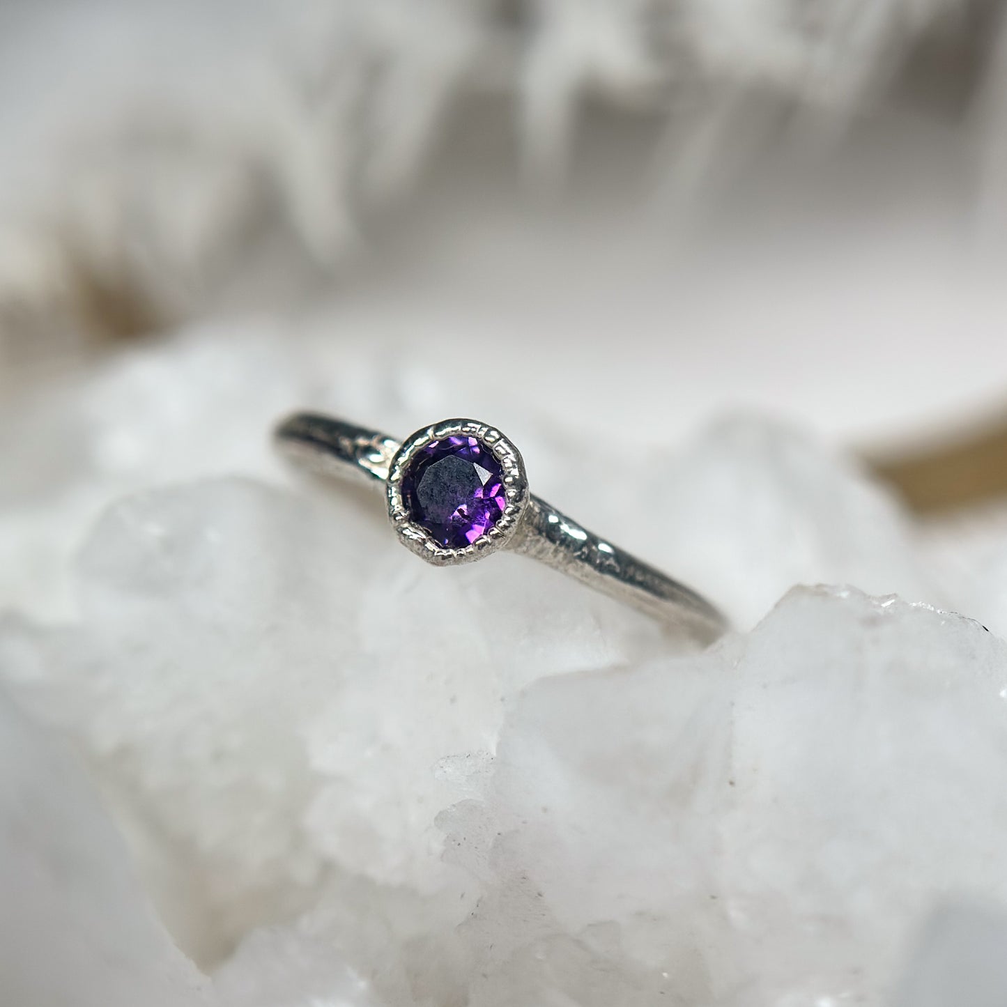 Amethyst Dainty Ring - Fine Silver  Size 5