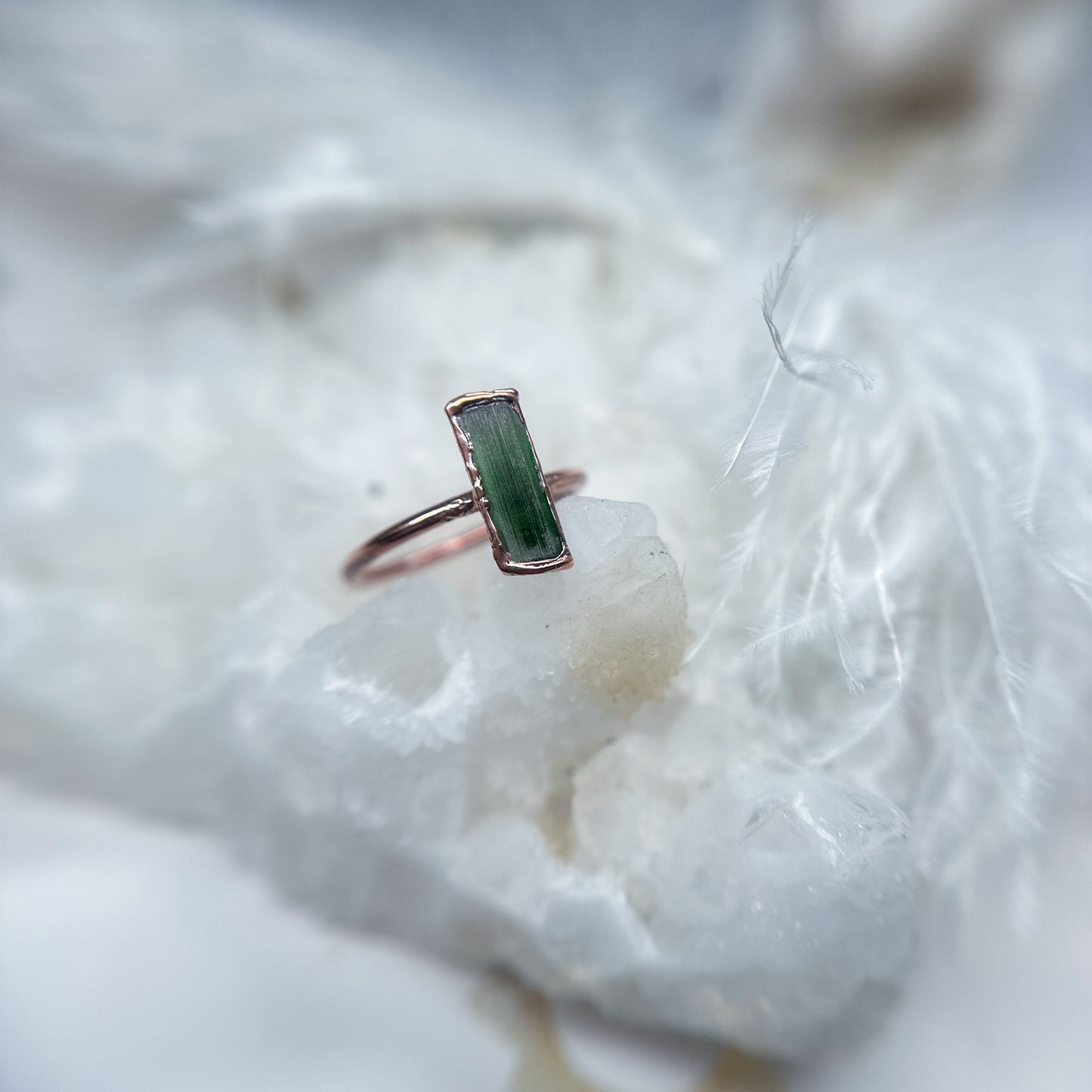 Green Tourmaline Copper Ring - round band Size 7