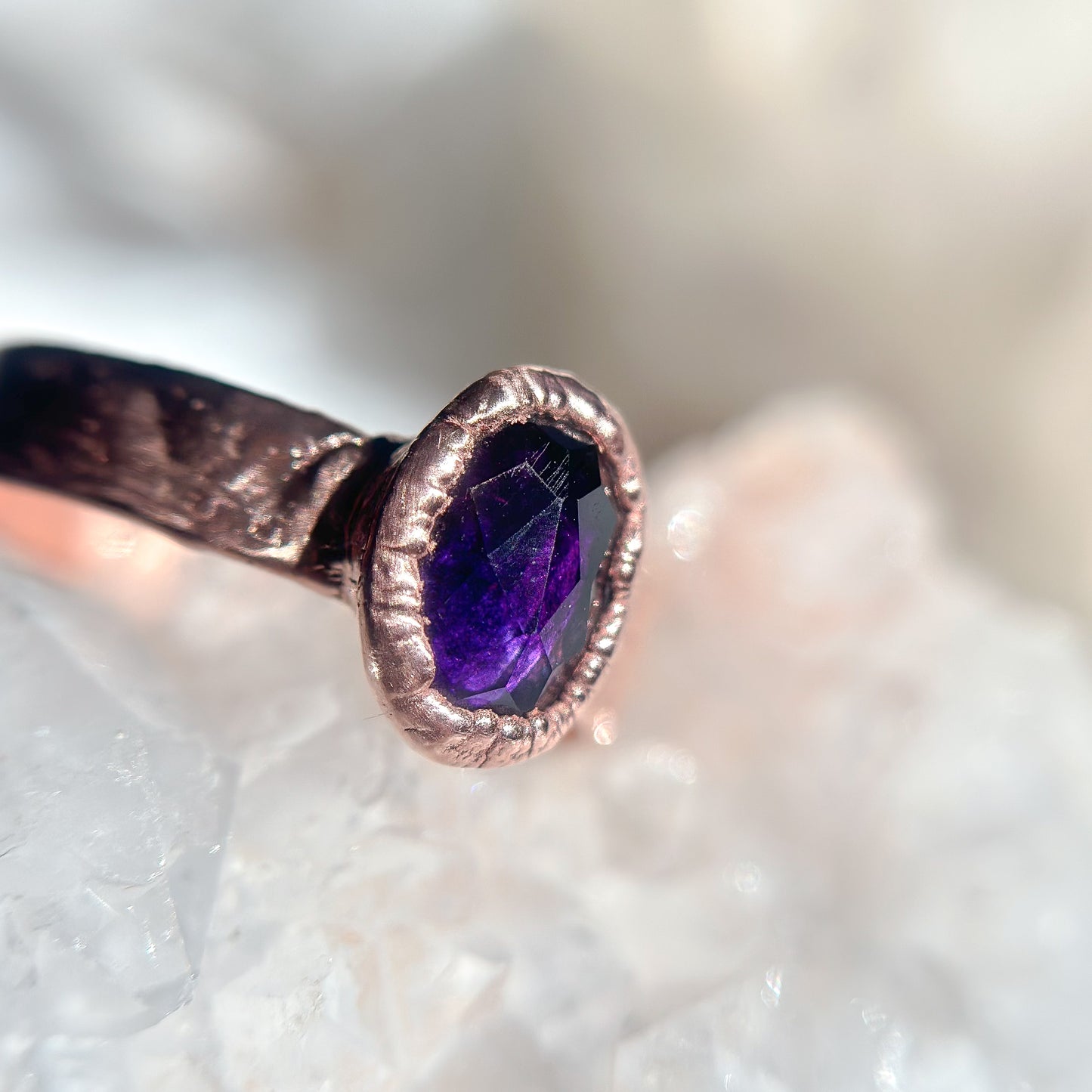 Faceted Amethyst Gemstone Copper Ring - Size 6