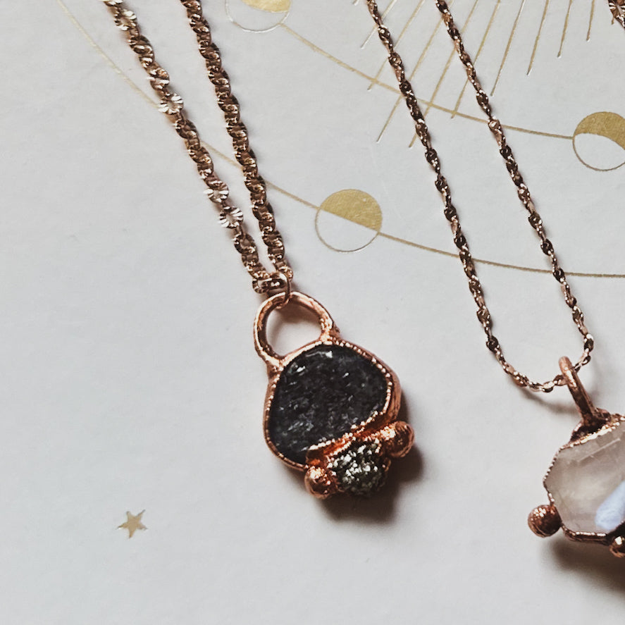 Dark Druzy Quartz and Pyrite Necklace