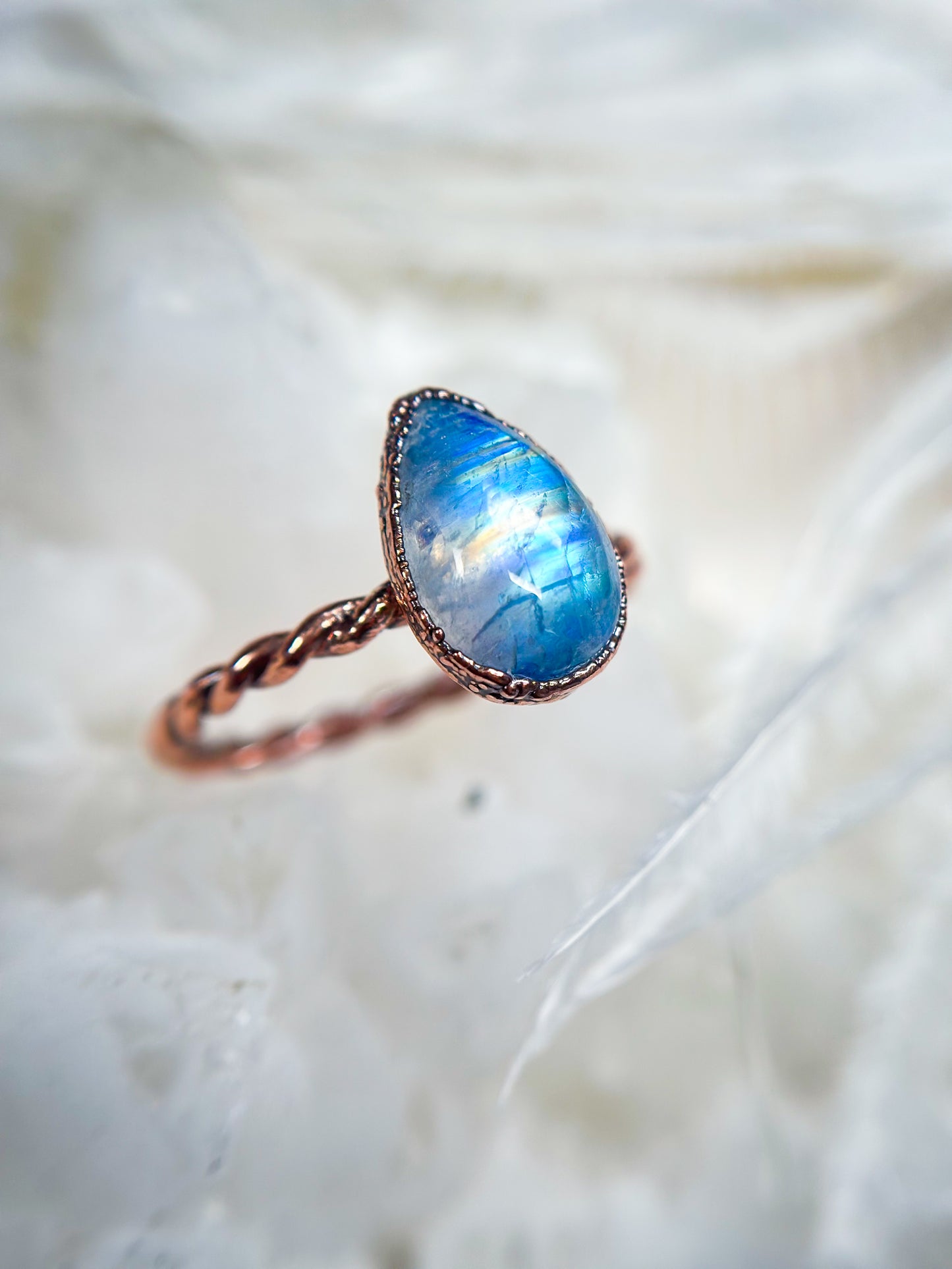 Moonstone Copper Ring - twisted band Size 8