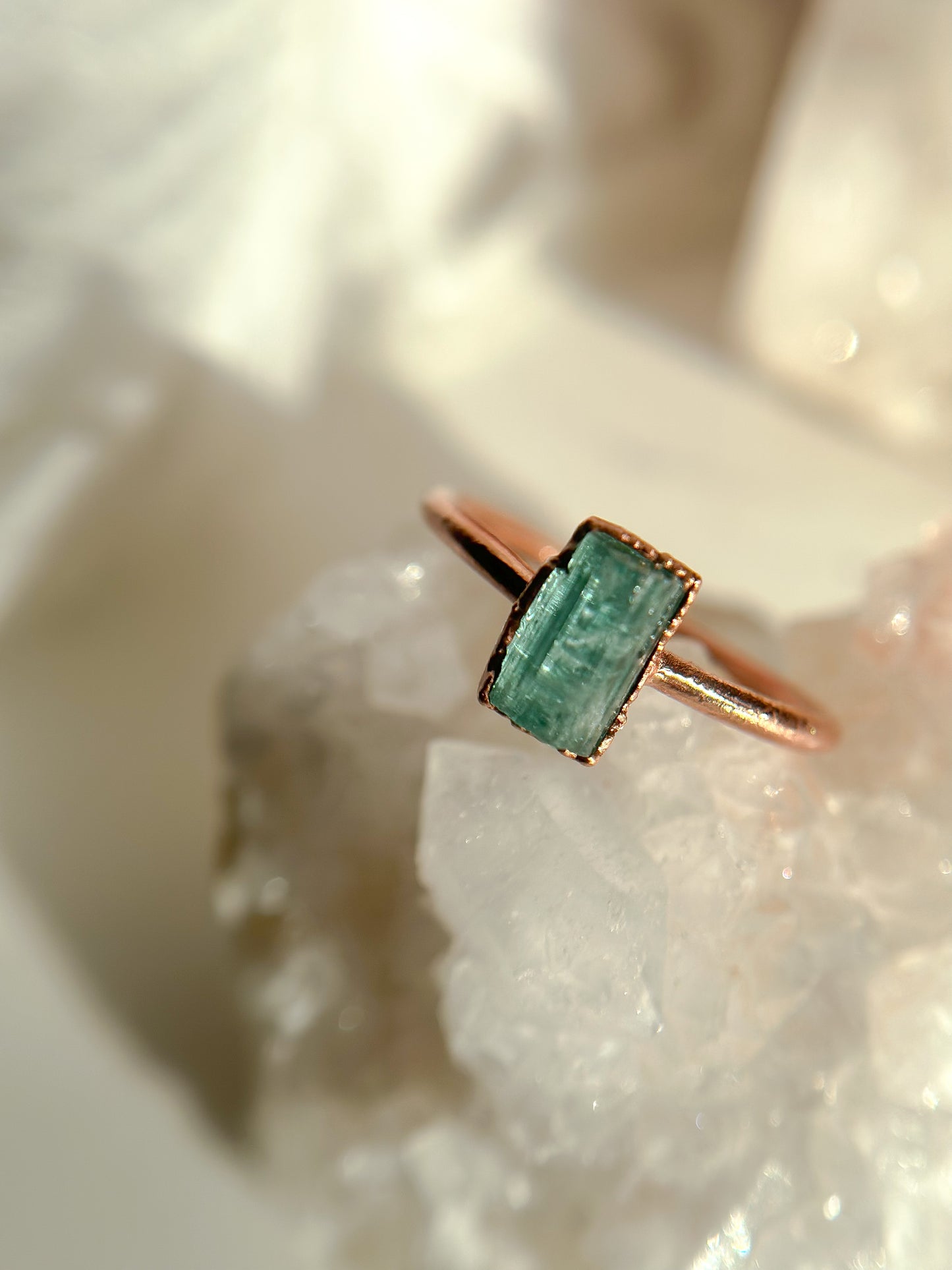 Raw Green Tourmaline Gemstone Copper Ring - Size 8.5