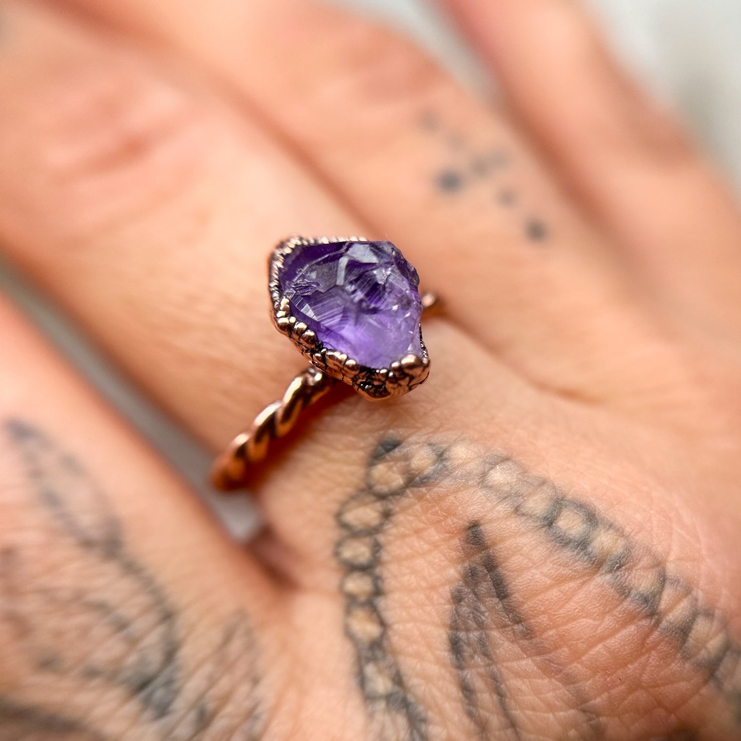 Amethyst Copper Ring - twisted band Size 7.25