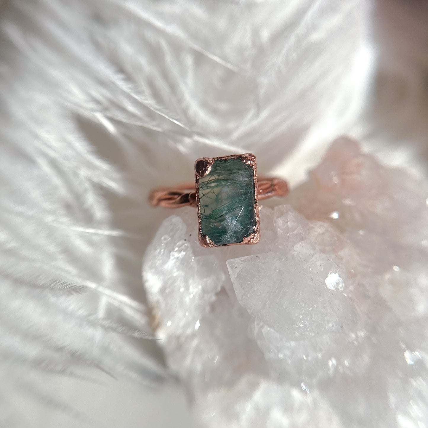 Faceted Moss Agate Gemstone Copper Ring Size 9.5