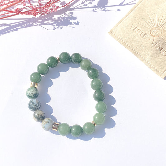 Moss Agate + Aventurine Gemstone 18k Bracelet