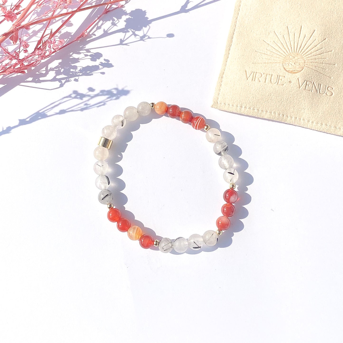 Carnelian + White  Agate Gemstone 18k Bracelet