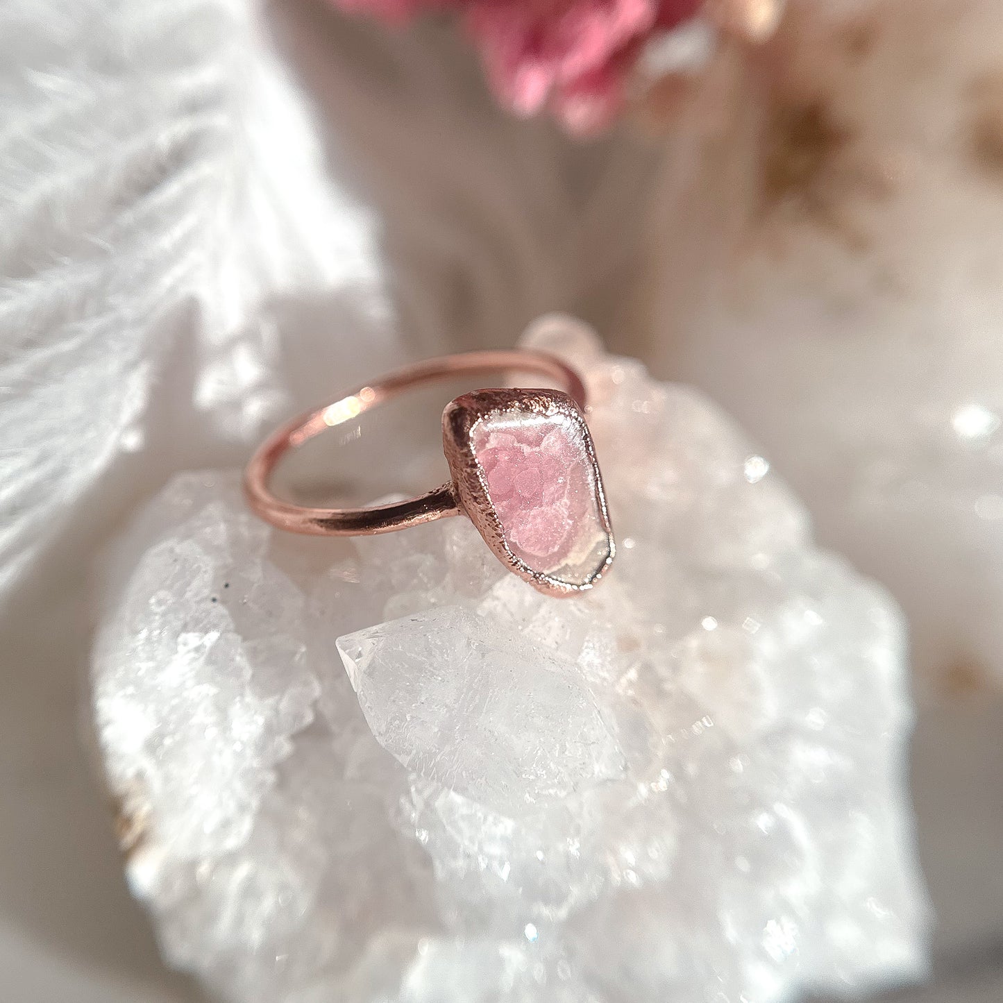 Rhodochrosite Gemstone Copper Ring - Size 8.75