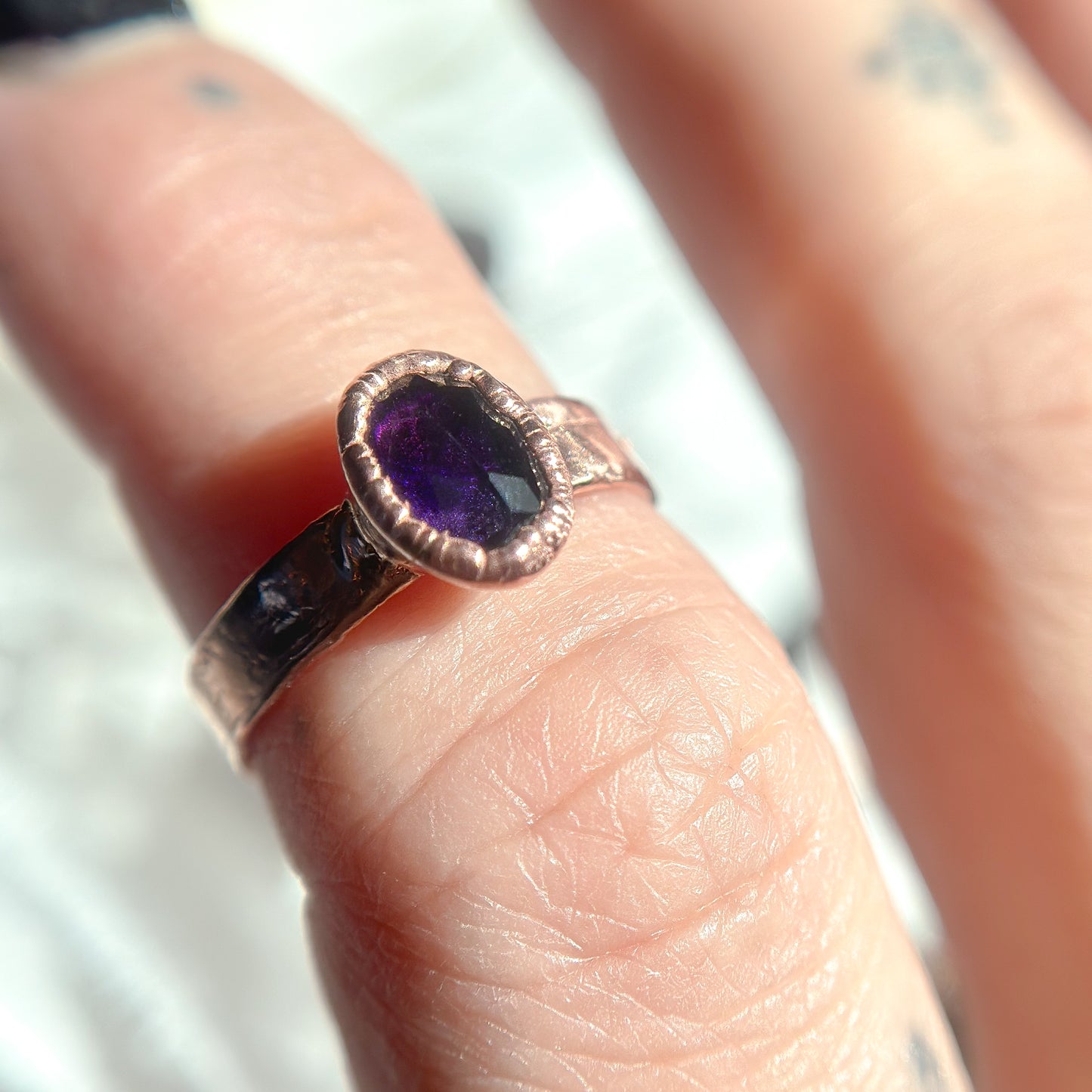 Faceted Amethyst Gemstone Copper Ring - Size 6