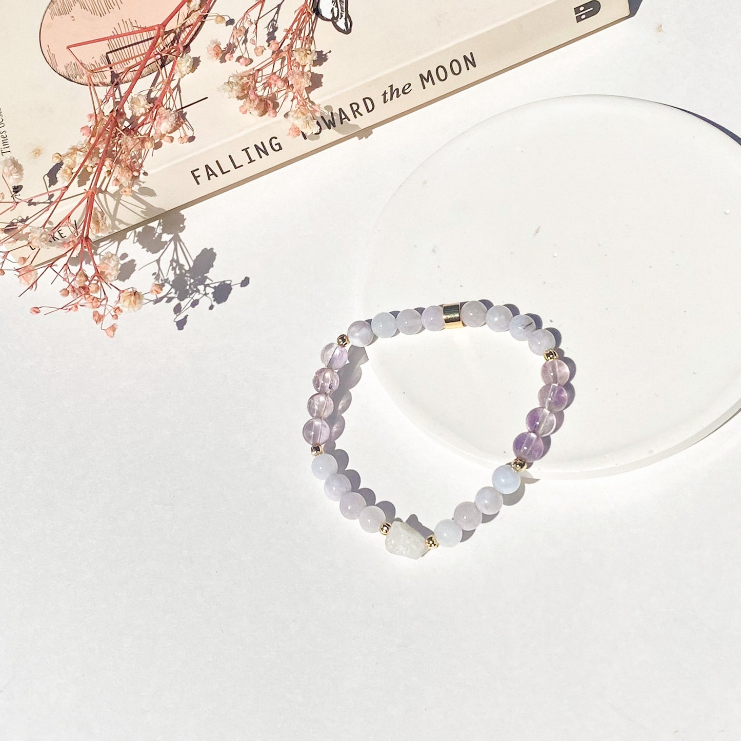 Gemmy Moonstone +Blue Lace Agate +  Amethyst Gemstone 18k Bracelet