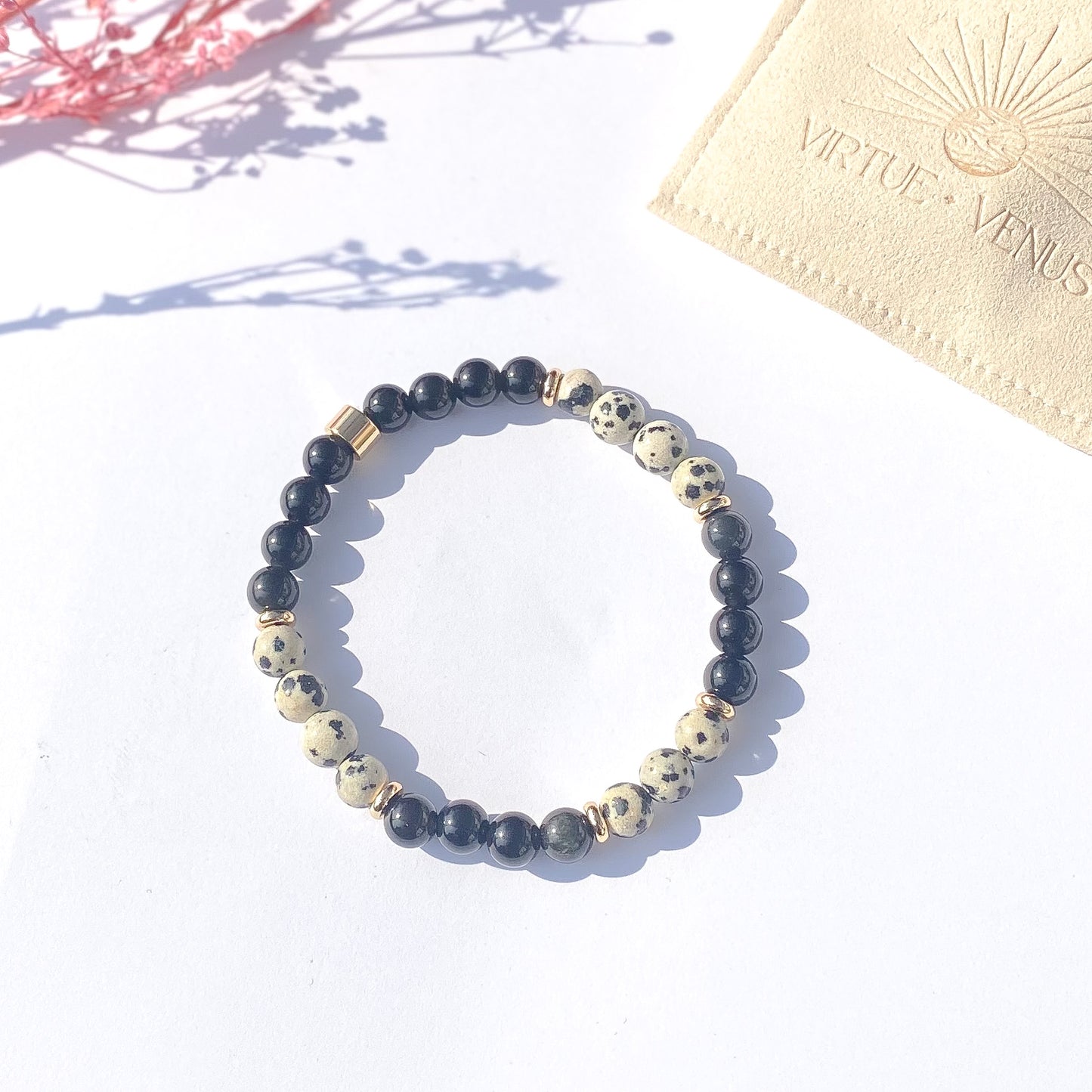 Dalmatian Jasper + Obsidian Gemstone 18k Bracelet