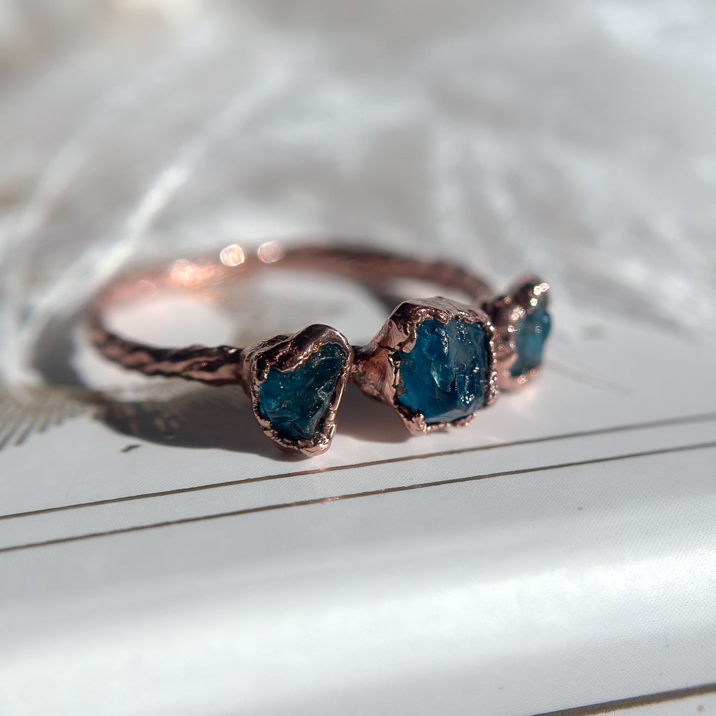 Triple Blue Apatite Gemstone Copper Ring - Size 8.25