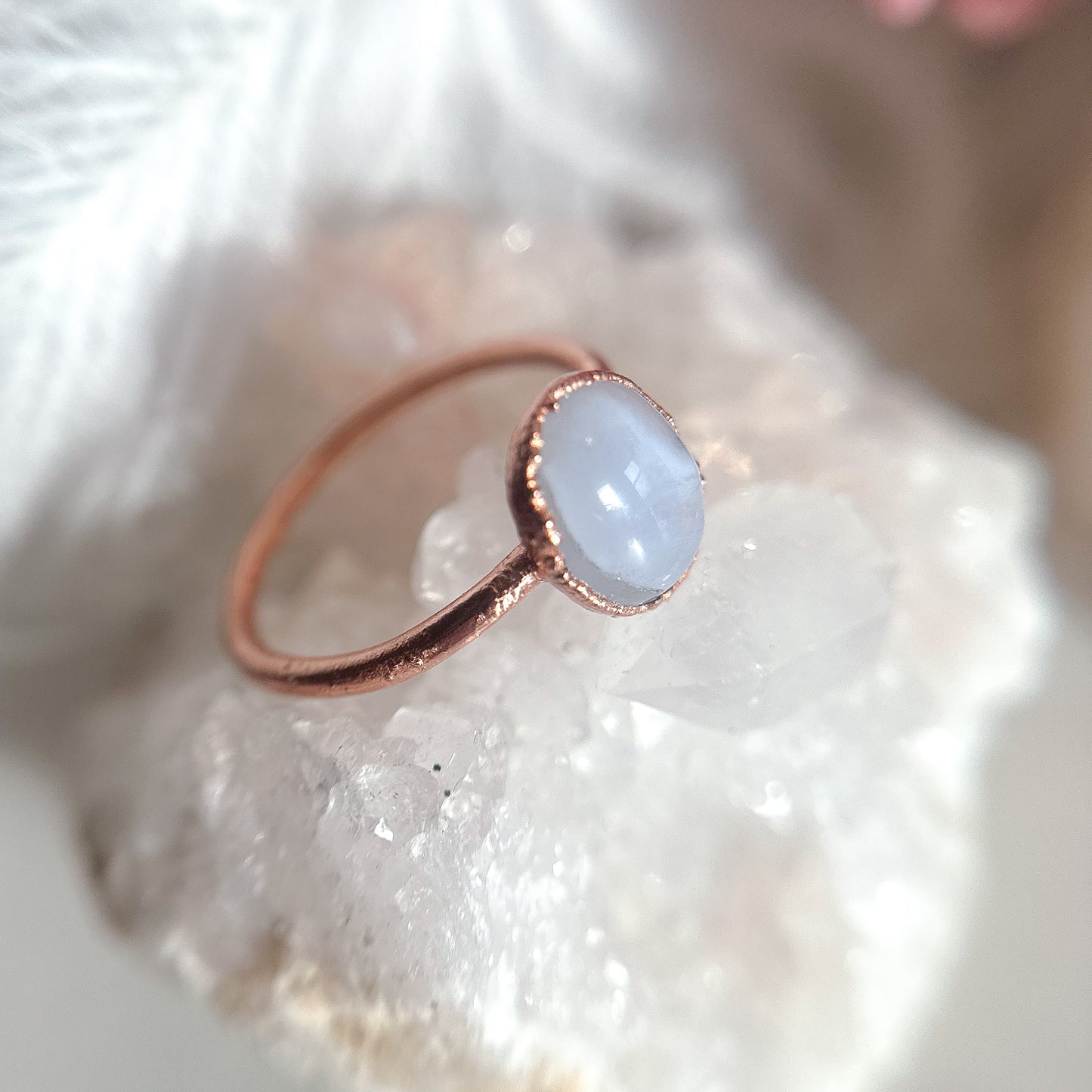 Blue Lace Agate Gemstone Copper Ring - Size 7.5