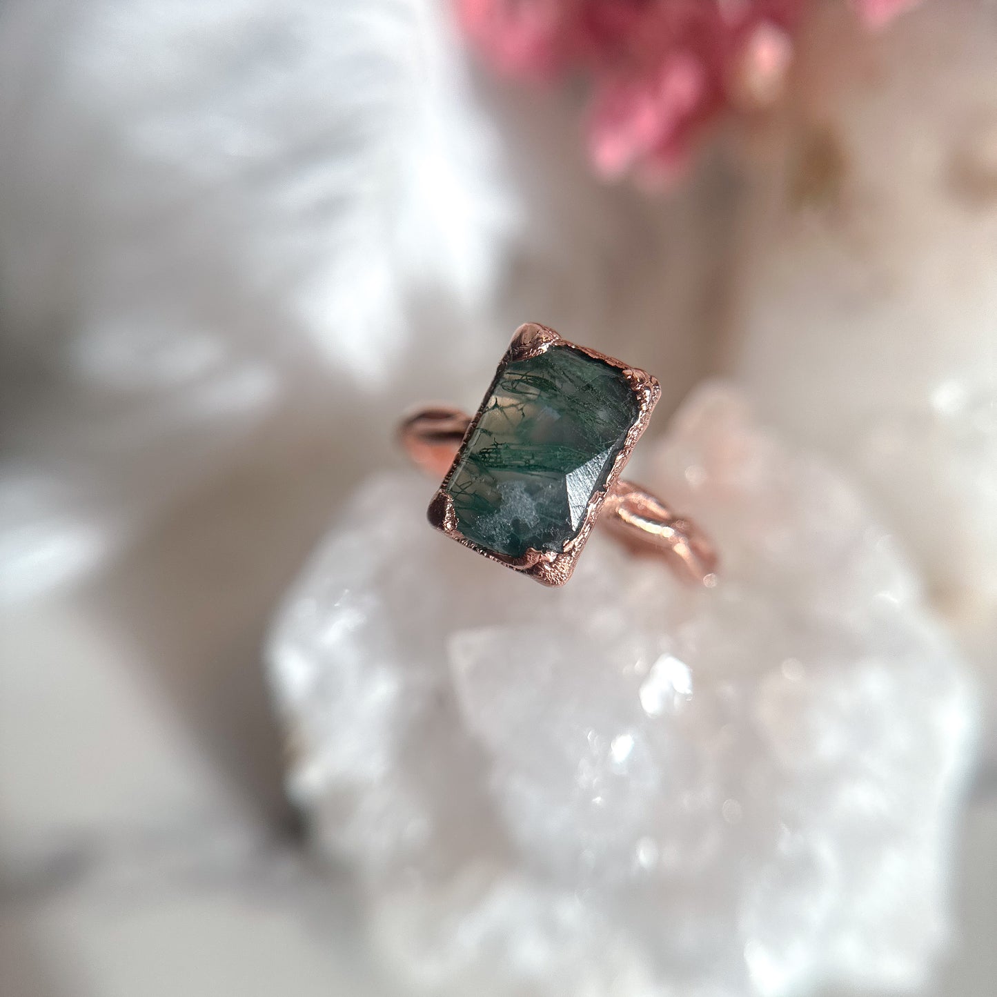 Faceted Moss Agate Gemstone Copper Ring Size 9.5