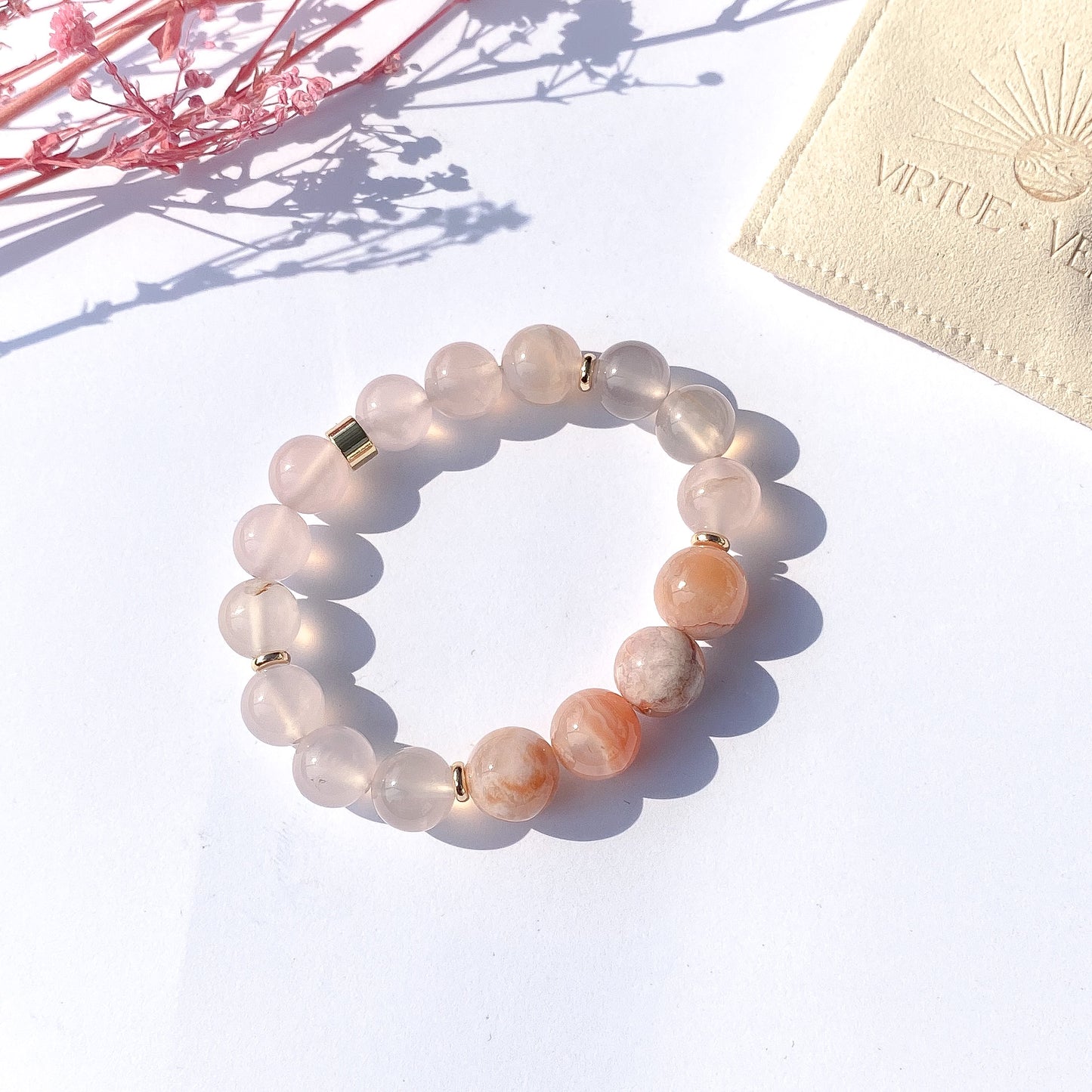 Flower Agate + Rose Quartz Gemstone 18k Bracelet