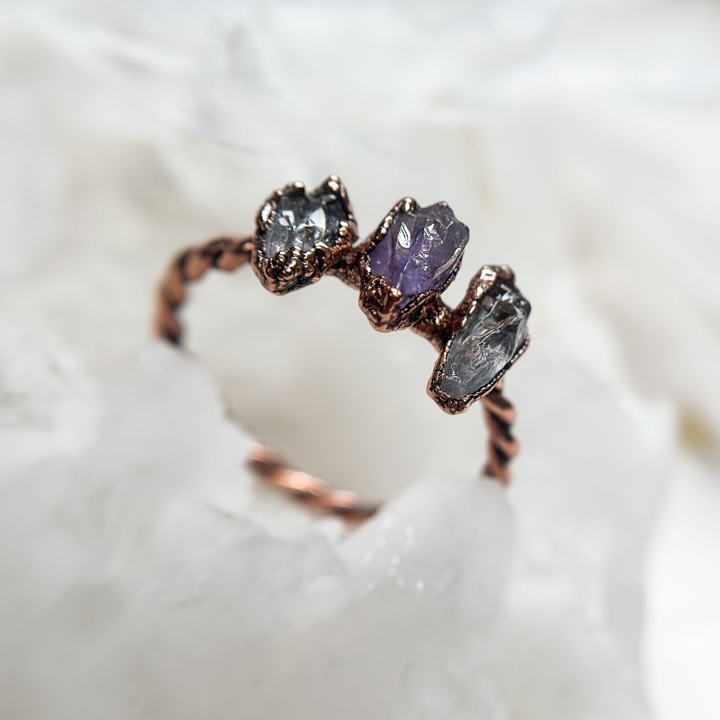 Triple Amethyst Copper Ring - twisted band Size 9.5