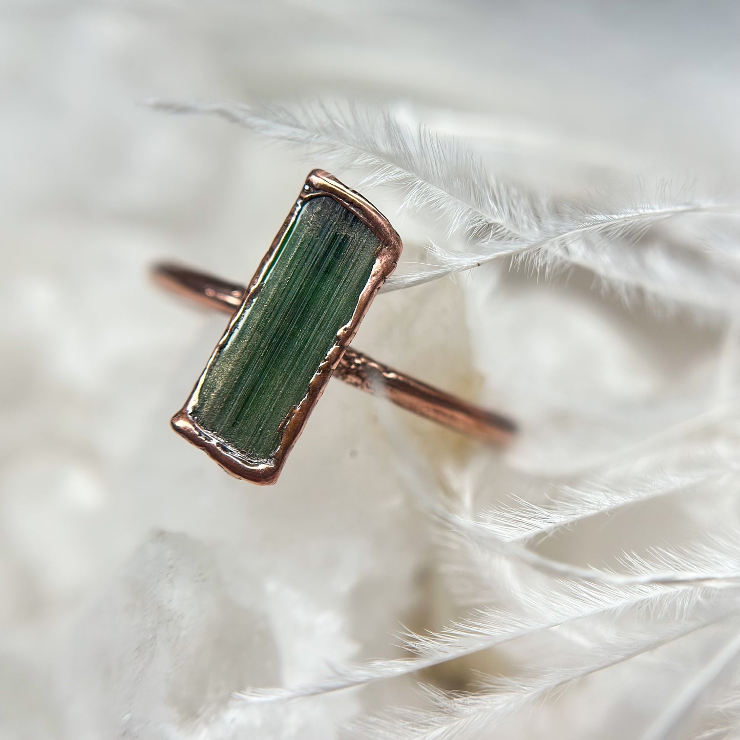 Green Tourmaline Copper Ring - round band Size 7