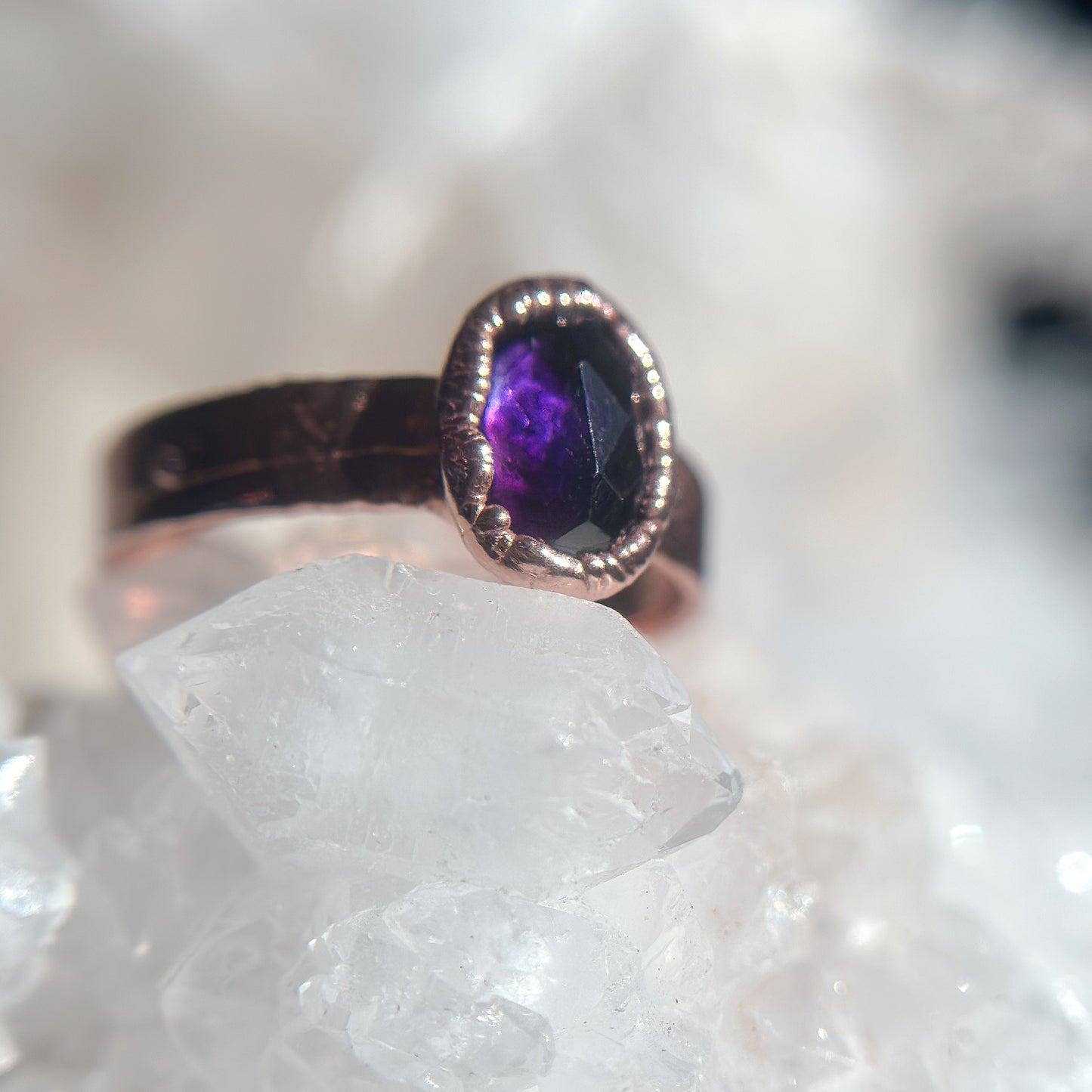 Faceted Amethyst Gemstone Copper Ring - Size 6