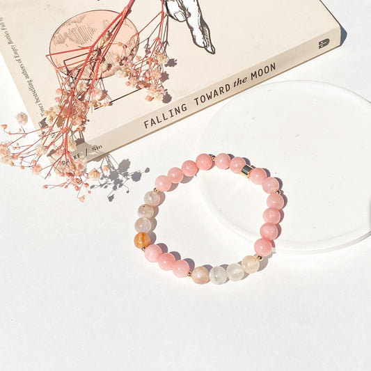 Flower Agate + Rose Quartz Gemstone 18k Bracelet