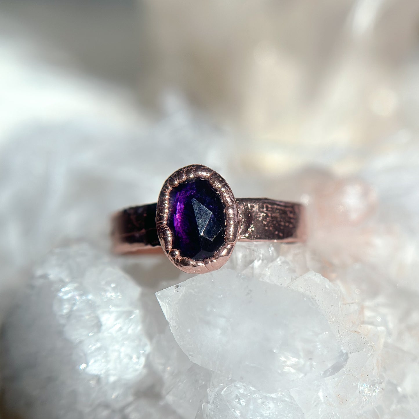 Faceted Amethyst Gemstone Copper Ring - Size 6