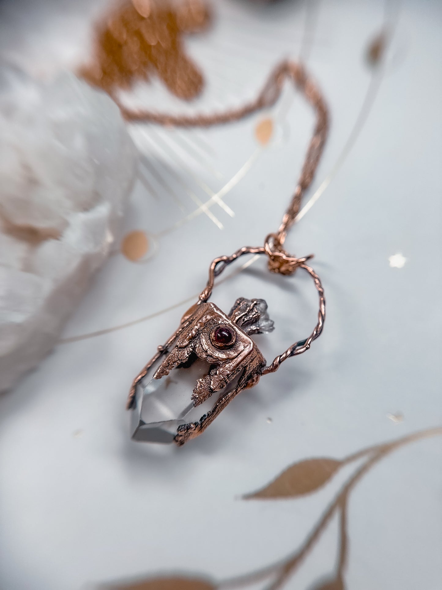 Clear Quartz + Garnet Talisman |  Copper Necklace