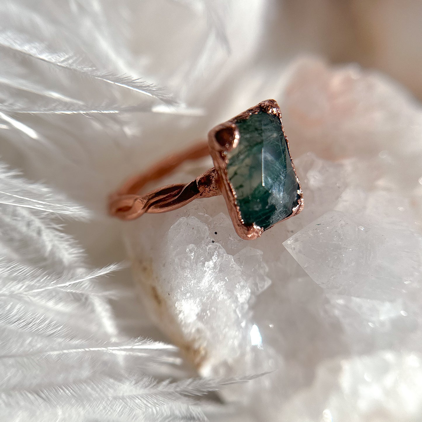 Faceted Moss Agate Gemstone Copper Ring Size 9.5