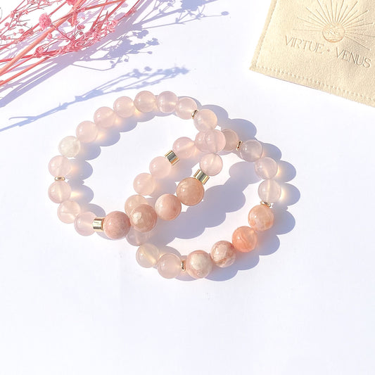 Flower Agate + Rose Quartz Gemstone 18k Bracelet