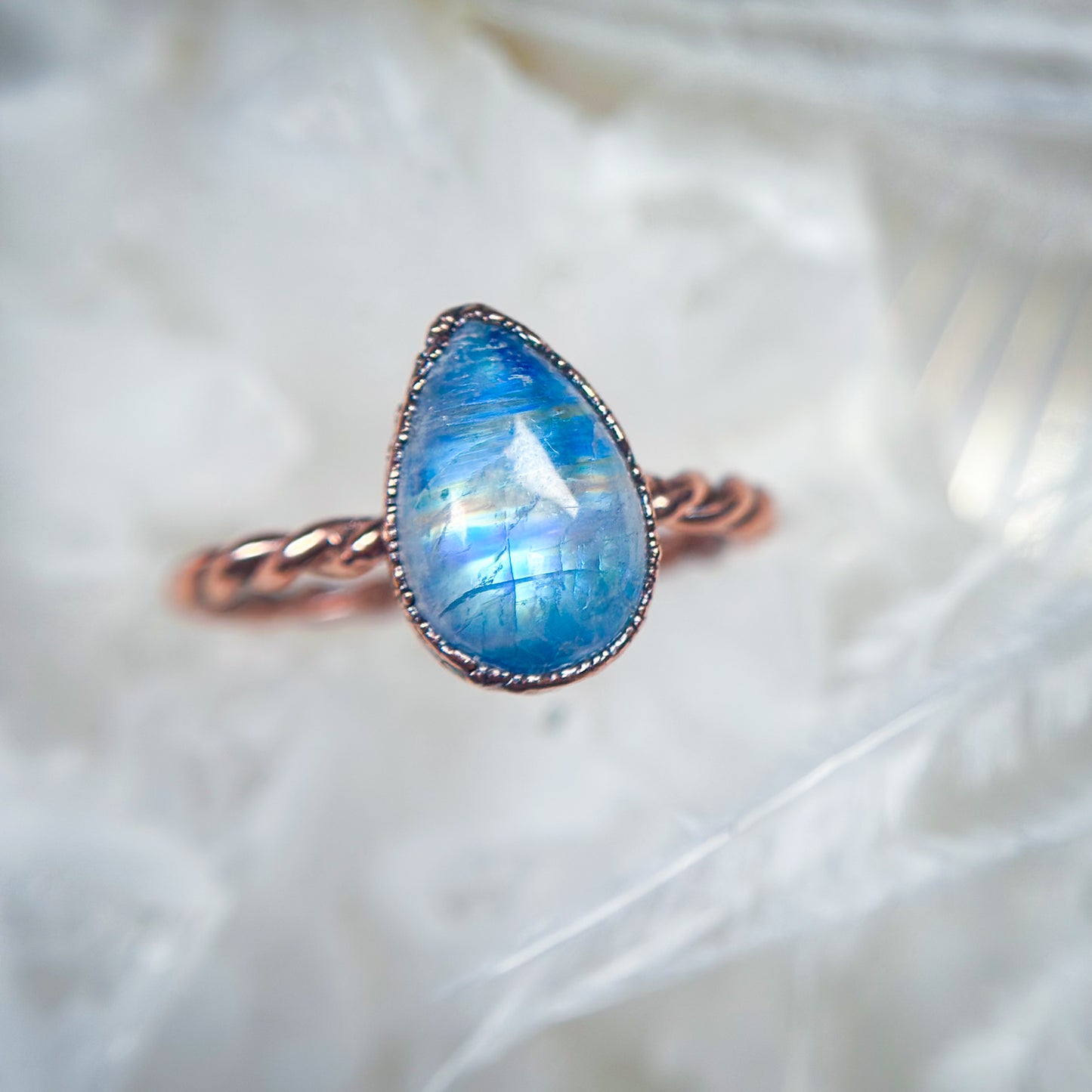 Moonstone Copper Ring - twisted band Size 8