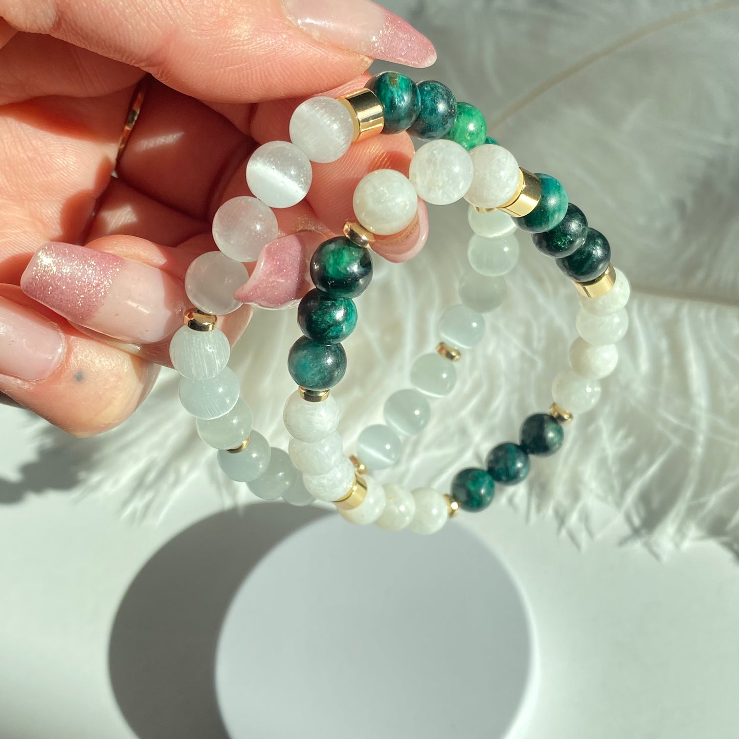 Emerald + Cat Eye Quartz Gemstone 18k Bracelet