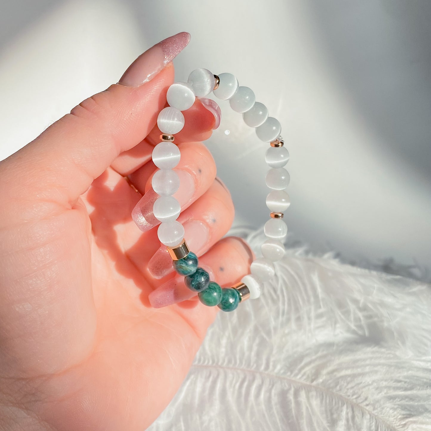 Emerald + Cat Eye Quartz Gemstone 18k Bracelet