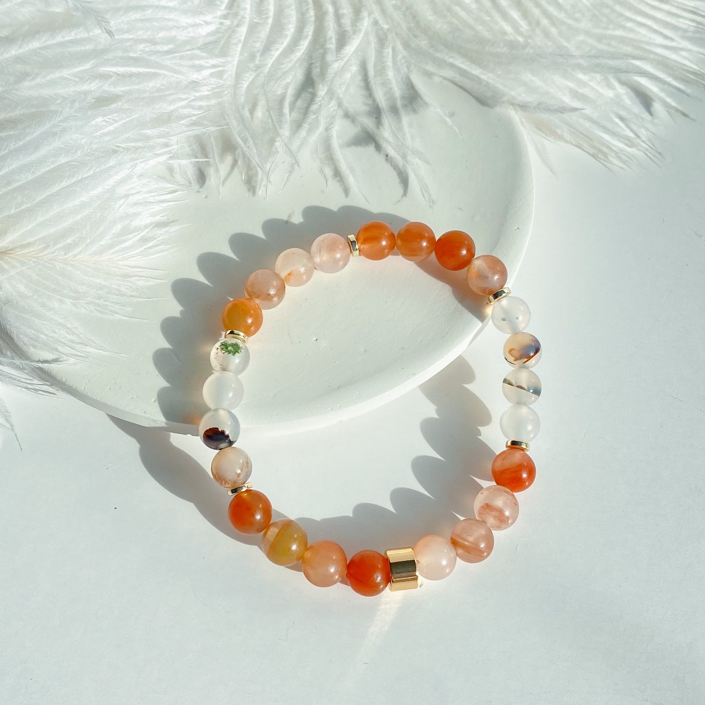 Fire Quartz +White  Agate Gemstone 18k Bracelet